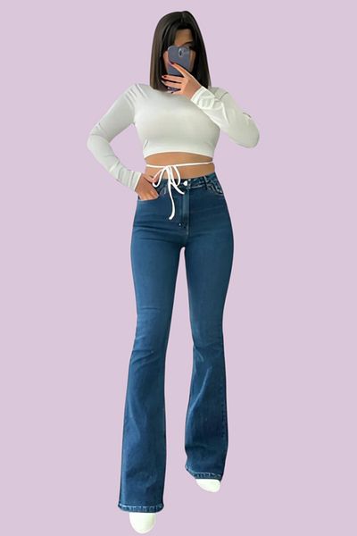 byhaziran butik Gabriel Women's Medium Blue High Waist Stretchy Denim Fabric Flare Jeans