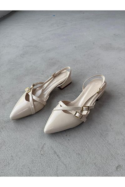 Cappmoda Ayk-027 Cream Color Patent Leather Belt Detail Ankle Tied Short Heeled Shoes