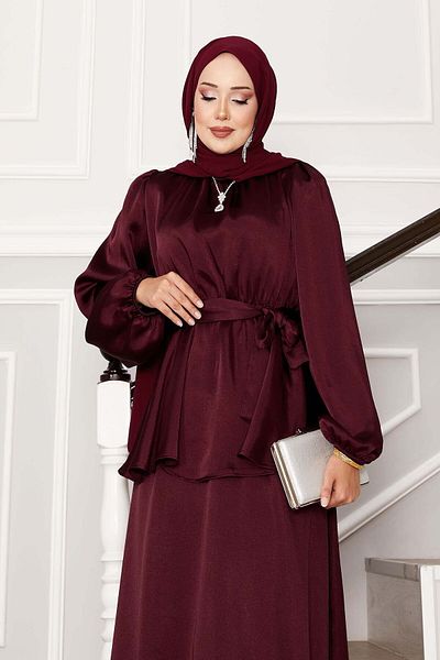 EBRUTESETTÜR Satin Skirt Suit with Gathered Waist Belt Detail