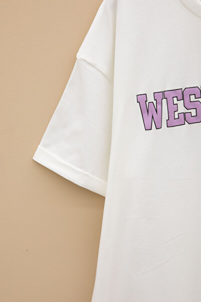 Cansın Mini Ecru West Coast Written Short Sleeve Girls Crew Neck T-Shirt 20960