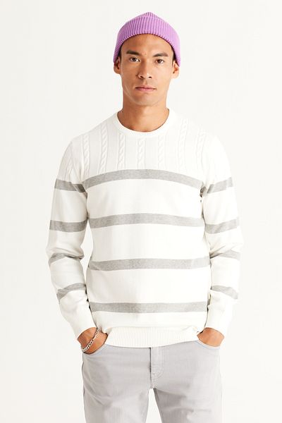AC&Co / Altınyıldız Classics Men's Ecru-Grey Standard Fit Regular Cut Crew Neck 100% Cotton Knitwear Sweater