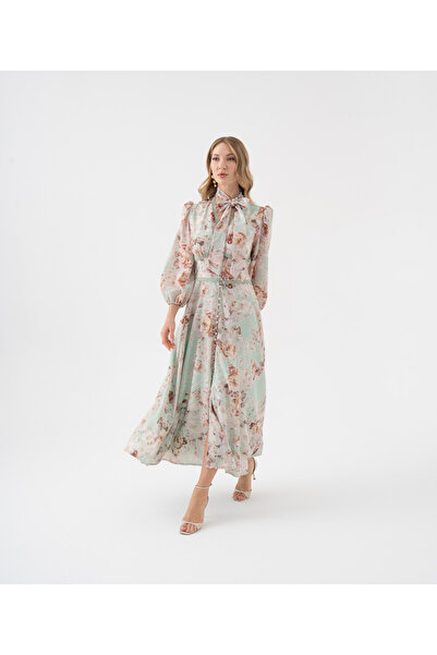 SERPİL %100 Keten Çiçek Desenli Bağlama Yaka Uzun Elbise
