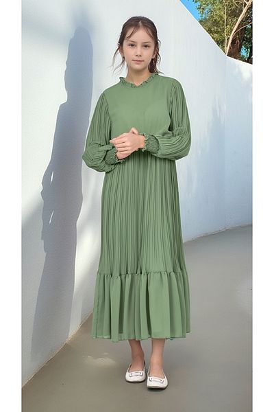 Pantulux Girl's Long Pleated Cotton Chiffon Hijab Dress