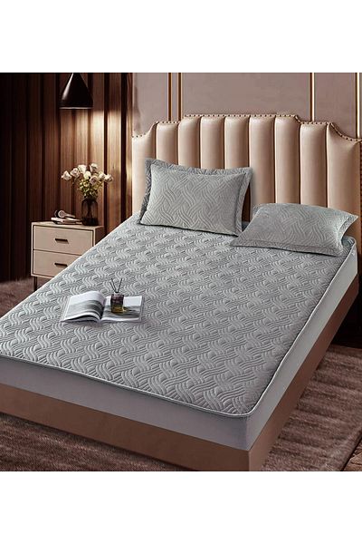 trendyhome Quilted Bed Cover with Elastic, Topper, 180 x 200cm, Grey, J23504