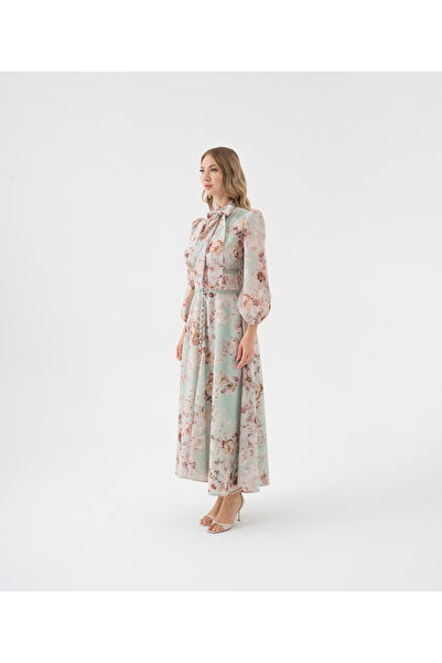 SERPİL %100 Keten Çiçek Desenli Bağlama Yaka Uzun Elbise