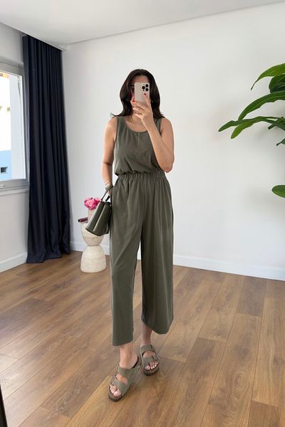 BİRCANÇİL Bello Khaki Back Cross Detailed Strap Jumpsuit