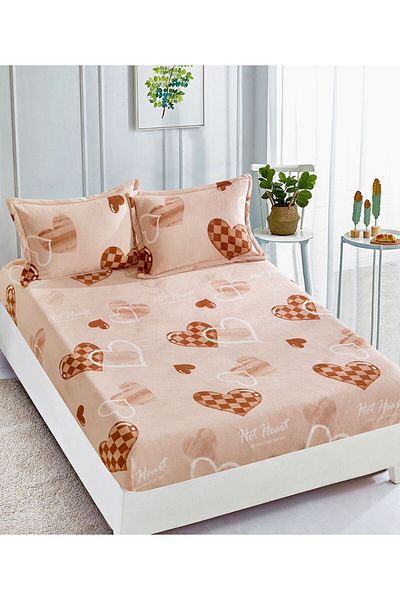 trendyhome Cocolino Bed Cover, 180 x 200 cm, Hearts, Cream/Brown, J18049