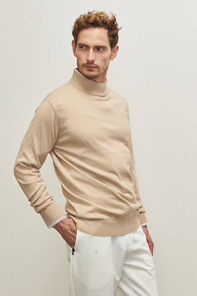 AC&Co / Altınyıldız Classics Men's Beige Standard Fit Normal Cut Half Turtleneck Woolen Knitwear Sweater