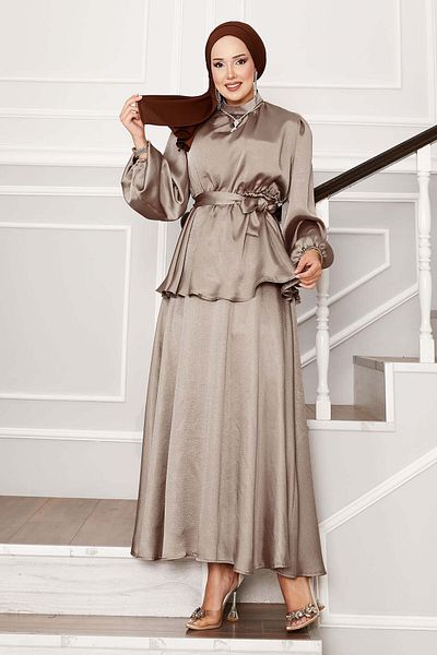 EBRUTESETTÜR Satin Skirt Suit with Gathered Waist Belt Detail