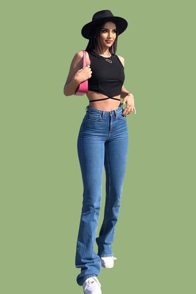 byhaziran butik Women's Medium Blue Non-Fading Lycra High Waist Denim Spanish Leg Jeans