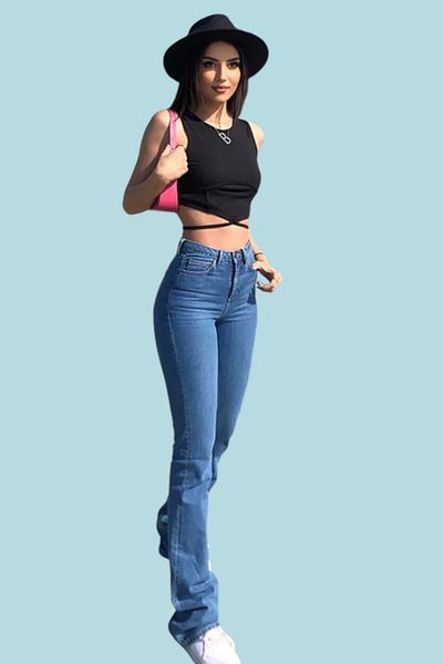 byhaziran butik Fabienne Spanish Leg Colorfast Medium Blue Stretchy High Waist Denim Pants