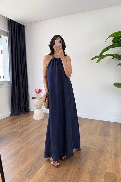 BİRCANÇİL Vinnie Navy Blue Neck Tie Detailed Lined Dress