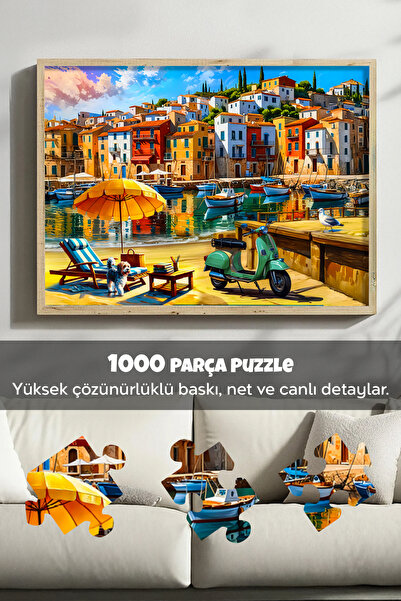 Meleni Toys 3 Adet 1000 Parça Puzzle - Aslan Kral Kedi, Sahil Kasabası ve Limanda Sakinlik Yapboz 68x48 cm