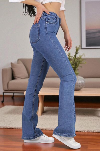 byhaziran butik Bernadette Women's Medium Blue Lycra High Waist Flared Jeans