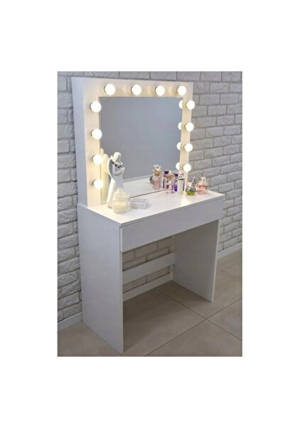 PROCART Masă de toaletă, oglindă iluminată cu 12 LED-uri alb cald, 80x40x140 cm, MDF, alb