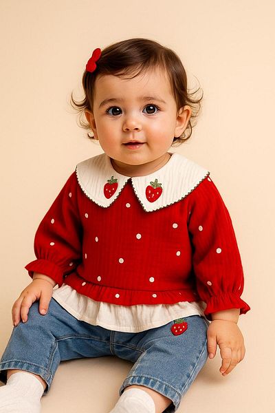 Bolly Baby Strawberry Fishtail Collar Polka Dot Muslin Long Sleeve Top with Denim Pants Baby Girl Set