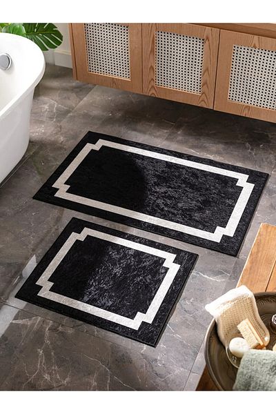 LC Waikiki LCW HOME Μαύρο Color Block Χαλάκι Μπάνιου 2 Τεμάχια 50x60 / 60x100 cm