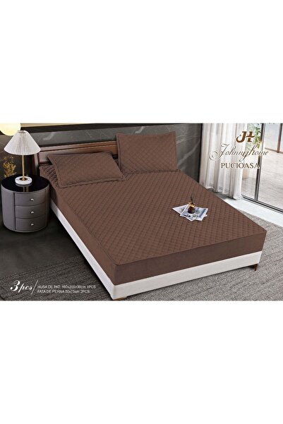 trendyhome Quilted Bed Cover with Elastic, Topper, 160 x 200cm, Brown, C14269