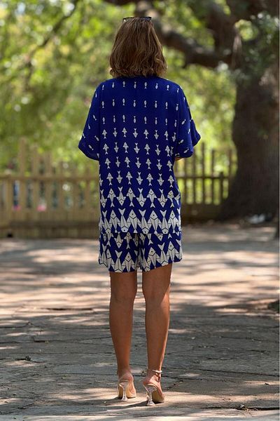 Nevin Kaya Moda Shorts Shirt Set - Blue Fish Pattern