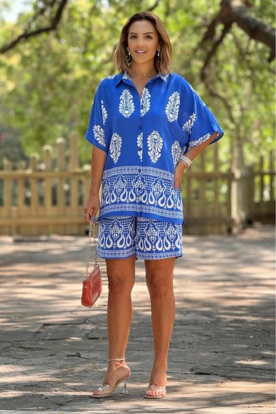 Nevin Kaya Moda Shorts Shirt Set - Blue Indian Pattern