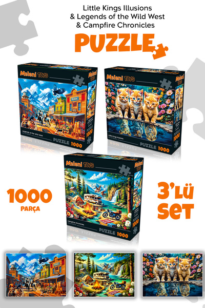 Meleni Toys 3 Adet 1000 Parça Puzzle - Kamp Ateşi, Aslan Kral Kedi ve Vahşi Batı Kasabası Yapboz 68x48 cm