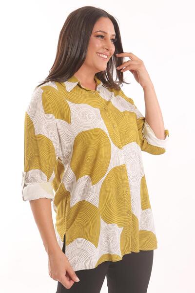 Metpoint Πουκάμισο Trend42plus Plus Size Mustard με στρογγυλό σχέδιο βισκόζης