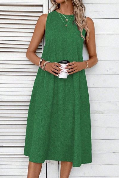 Mossta Sleeveless Round Neck Midi Linen Dress - Green