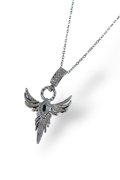 TAKIŞTIR Silver Color Steel Necklace with Stone Detail and Phoenix Bird Figure
