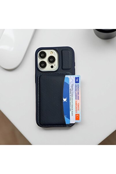 HYPERSOFT Iphone 13 (6.1 inç) Uyumlu Cüzdan Kartlıklı Stantlı Karbon Detaylı ...