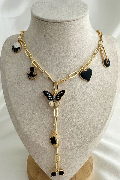 Modex Gold Color Black Enamel Heart Butterfly Glasses Charm Detail Y Necklace