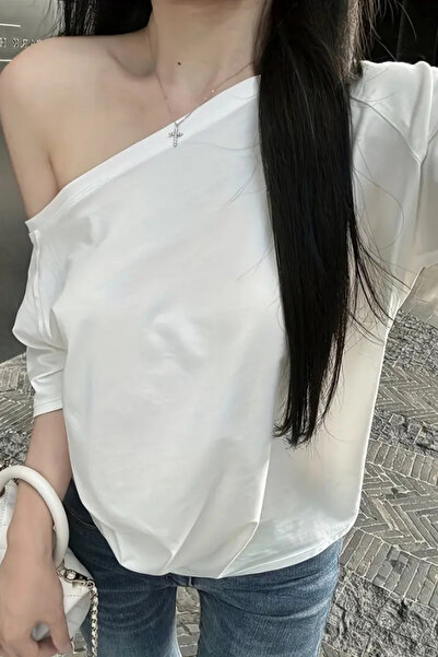 COOL TARZ White Women's Off Shoulder Boat Neck Oversize T-Shirt