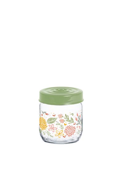 Herevin 425ml Glass Spice Jar with Decorative PP Green Lid Botanic, Transparent