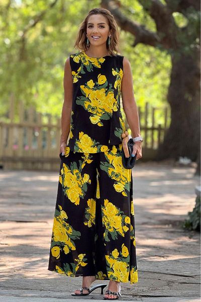 Nevin Kaya Moda Sicily Yellow Rose Patterned Trousers Blouse Double Set