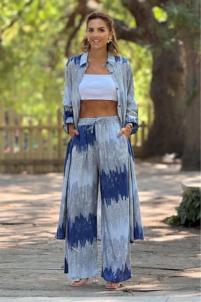 Nevin Kaya Moda Shirt Dress Pants Suit - Blue Wave Pattern