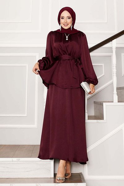 EBRUTESETTÜR Satin Skirt Suit with Gathered Waist Belt Detail