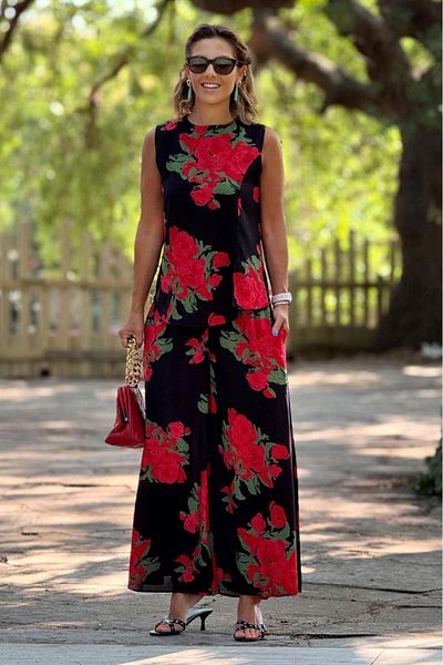 Nevin Kaya Moda Sicily Red Rose Patterned Trousers Blouse Double Set
