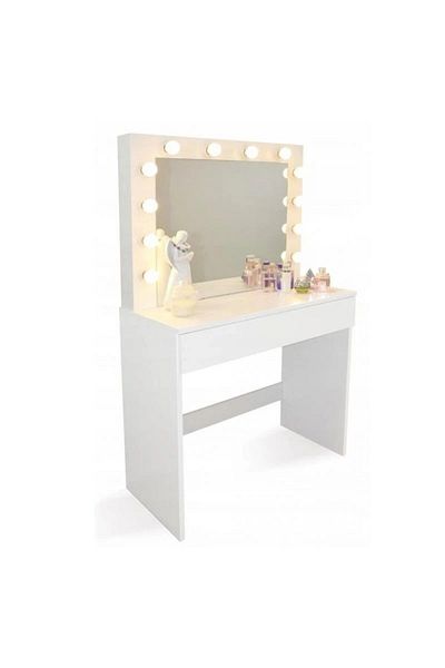 PROCART Dressing table, illuminated mirror with 12 warm white LEDs, 80x40x140 cm, MDF, white