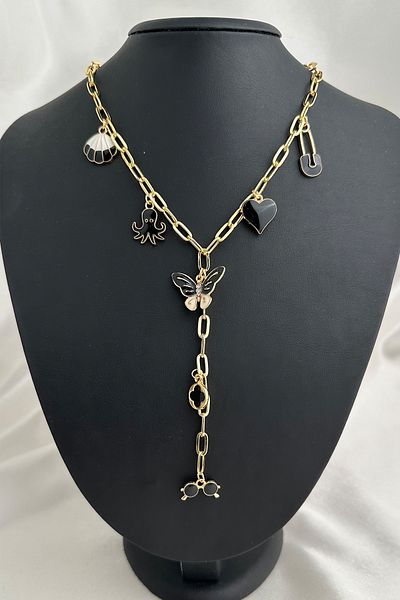 Modex Gold Color Black Enamel Heart Butterfly Glasses Charm Detail Y Necklace