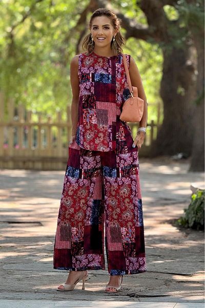 Nevin Kaya Moda Sicily Red Amber Patterned Trousers Blouse Double Set