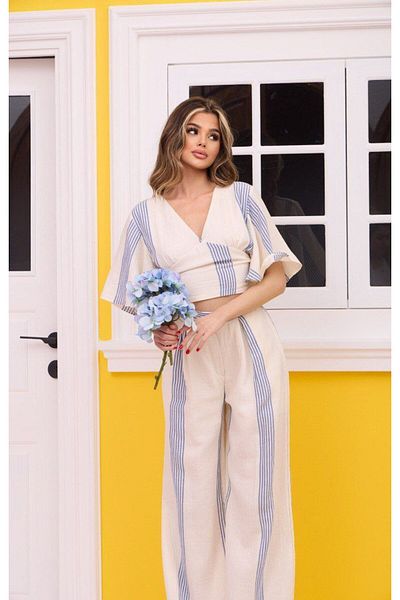 Bleu Petite Beige Stripe Patterned Crop Pants Muslin Set