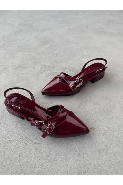 Cappmoda Ayk-027 Burgundy Patent Leather Belt Detail Ankle Tied Short Heeled Shoes