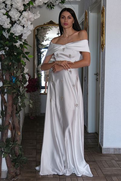 Feminist Bow Collar Stone Detailed Evening Dress White 9705541