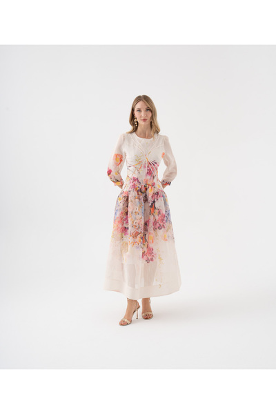 SERPİL Suluboya Desenli Hacimli Kollu Astar Detaylı Elbise