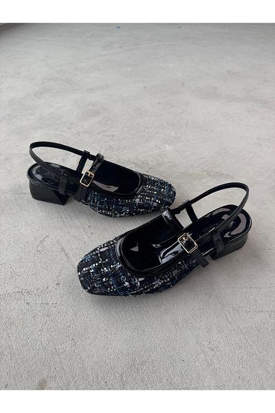 Cappmoda Ayk-022 Black Blue Embroidered Linen Fabric Single Strap Short Heeled Shoes