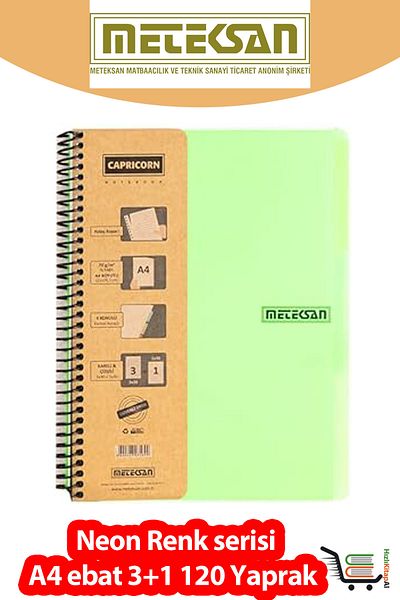Meteksan Capricorn Neon Series A4 3+1 Subject 120 Sheets Plastic Cover School Notebook