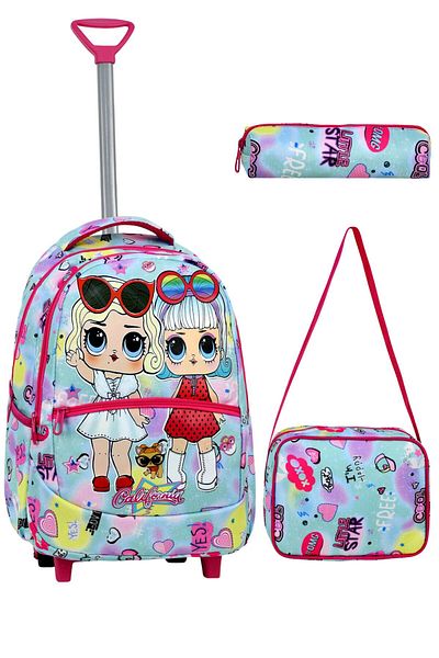 Çanta Trend Set școlar din 3 piese cu racletă, geantă pentru școală primară cu modele colorate + cutie de prânz + suport pentru stilou