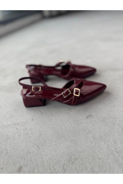 Cappmoda Ayk-027 Burgundy Patent Leather Belt Detail Ankle Tied Short Heeled Shoes