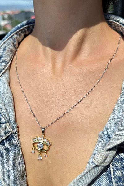 TAKIŞTIR Silver and Gold Color Eye Figured Stone Detailed Steel Necklace