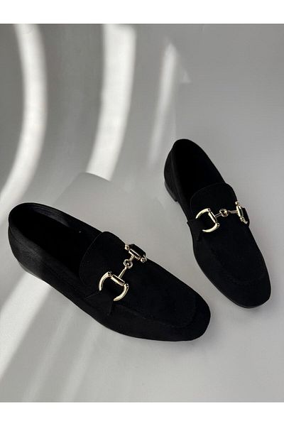 Cappmoda Ayk-1018 Black Gold Buckle Suede Ballerinas