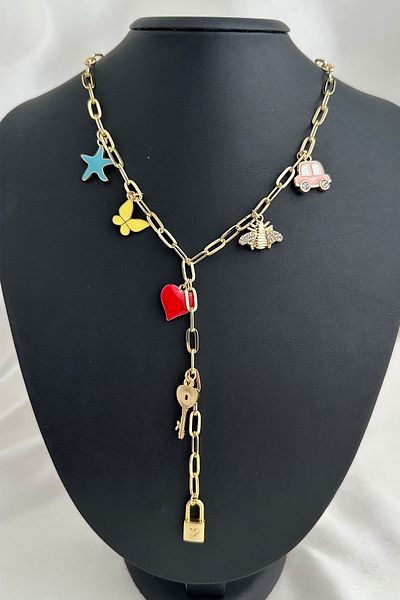 Modex Gold Color Enamel Heart Star Butterfly Charm Figured Y Necklace